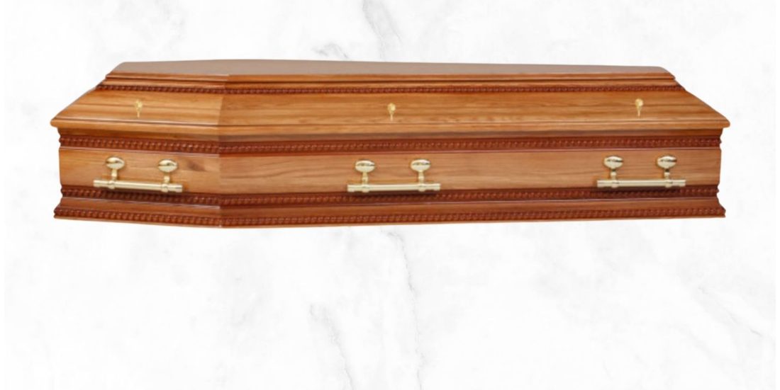 The Regent superior solid oak coffin with rope design and brass barrel handles